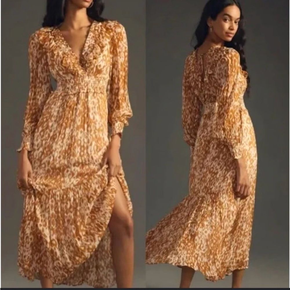 NWT Anthropologie Odetta Ruffled V Neck Maxi Dress Leopard Orange Size XS